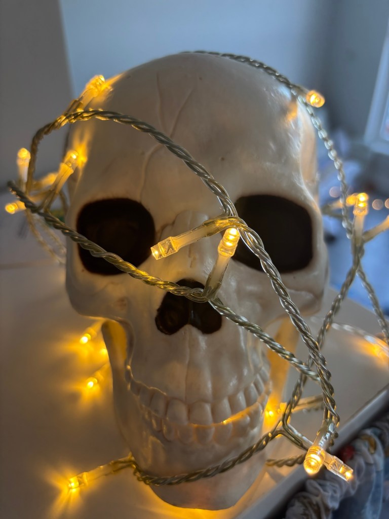 skull wrapped in fairly lights